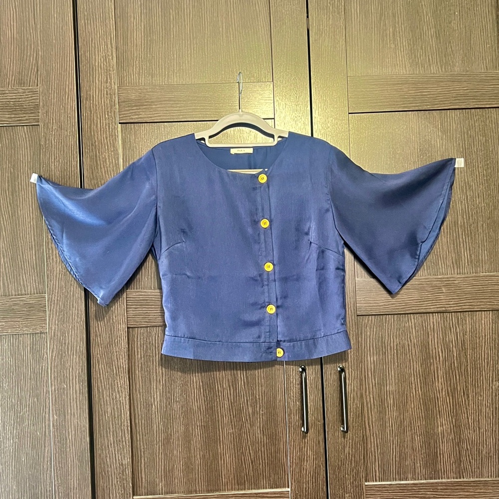 Blue Boxy Cuffed Sleeve Blouse